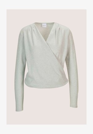 Silbernes, langärmeliges Wickeloberteil mit einem leichten Glanz. Verfügt über einen V-Ausschnitt und subtile Falten in der Schulterpartie. Weicher Stoff, figurbetonte Silhouette.