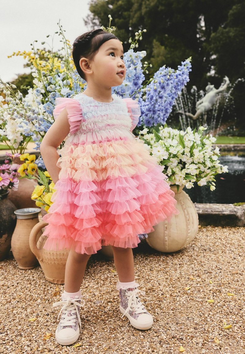 rainbow layered dress Pride Rainbow Smocked Tiered Dress: Handmade Crepe Fabric