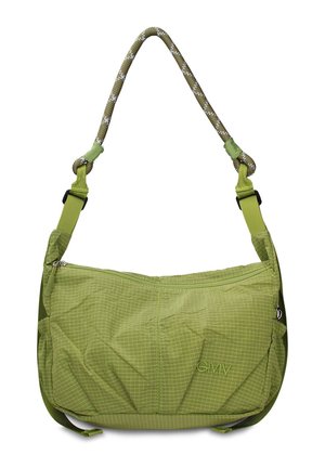 Sac à bandoulière vert clair avec motif à carreaux, fermeture éclair avant, tissu doux et anse épaisse en corde avec un design vert et blanc.