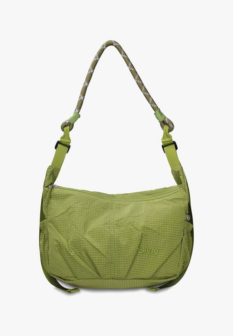 Sac à bandoulière vert clair avec motif à carreaux, fermeture éclair avant, tissu doux et anse épaisse en corde avec un design vert et blanc.