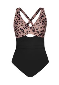 Eén stuk zwemoutfit met een roze en zwarte luipaardprint top, gekruiste banden, een uitsnijding in het midden en een effen zwarte onderkant.