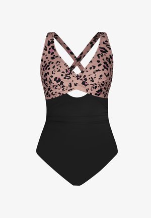 Jednoczęściowy strój kąpielowy z różowo-czarnym nadrukiem w panterkę na górze, skrzyżowanymi ramiączkami, wyciętym środkowym fragmentem i dolną częścią w jednolitym czarnym kolorze.