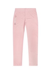 Rosa Baumwollleggings mit einem elastischen Bund, die auf dem linken Bein den Text "Harry Potter" und ein Emblem zeigen; glatte Textur, taillierte Passform.