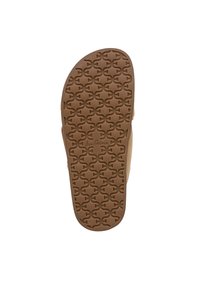 Soletta di gomma marrone con un motivo geometrico intrecciato, con il nome del marchio "Sam Edelman" impresso vicino al tallone.