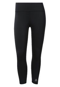 Czarne legginsy wykonane z elastycznej tkaniny. Wysoki stan z gładką fakturą. Posiadają małe logo w pobliżu kostki.