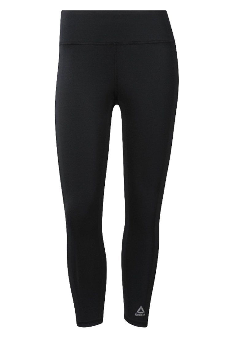 Czarne legginsy wykonane z elastycznej tkaniny. Wysoki stan z gładką fakturą. Posiadają małe logo w pobliżu kostki.