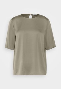 Kurzärmliges Oberteil in Olivgrün, aus glattem Stoff gefertigt, mit Rundhalsausschnitt und einem Schlüsselaugen-Detail im Rücken.