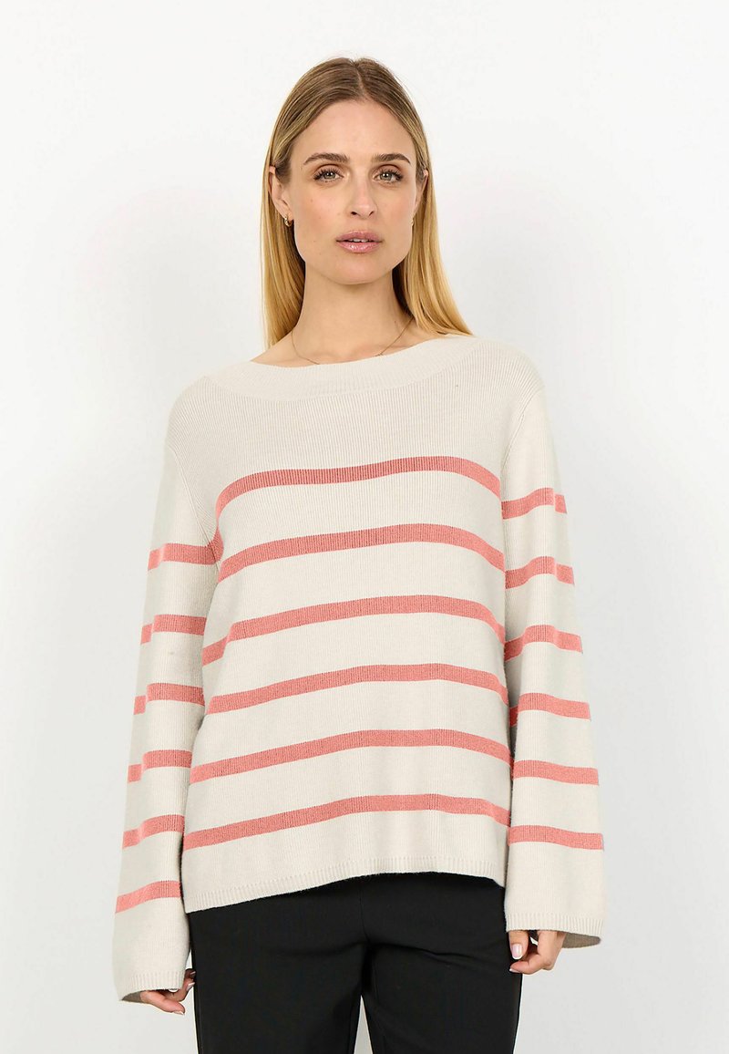 Beige knit sweater with pink horizontal stripes, wide neckline, and long sleeves. Fabric shows ribbed texture and relaxed fit.