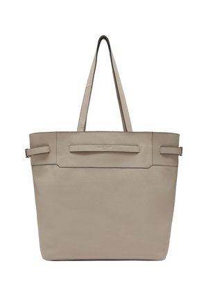 Sac en cuir beige clair avec deux longues poignées, une finition texturée et un design plat. Présente des accents minimalistes à l'avant.