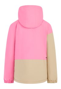 Rosa und beige farblich abgesetzte Jacke mit Kapuze, elastischen Bündchen und einem Kordelzugsaum. Glattes, leichtes Material. Logo auf dem Rücken.
