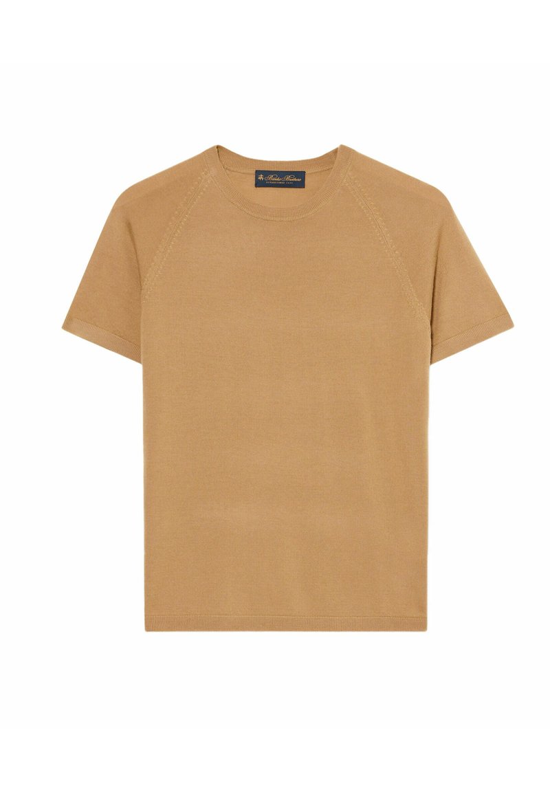 T-shirt met korte mouwen en ronde hals, gemaakt van zachte, beige stof; heeft raglanmouwen en een rechte zoom met subtiele stiksel-details.