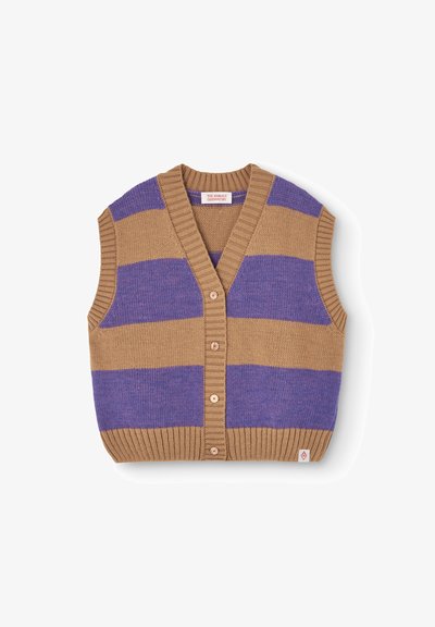 Braun und lila gestreifter gestrickter Weste mit V-Ausschnitt, Knopfverschluss und geripptem Saum. Markenlabel im unteren rechten Ecke sichtbar.