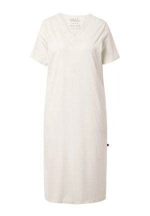 Weißes Baumwollkleid mit V-Ausschnitt und Spitzenverzierung, kurzen Ärmeln und einem geraden Schnitt, der knapp über den Knien endet.