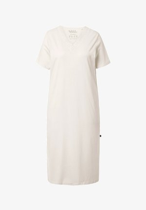 Abito bianco in cotone con scollatura a V e dettagli in pizzo, maniche corte, che arriva appena sopra il ginocchio con un taglio dritto.