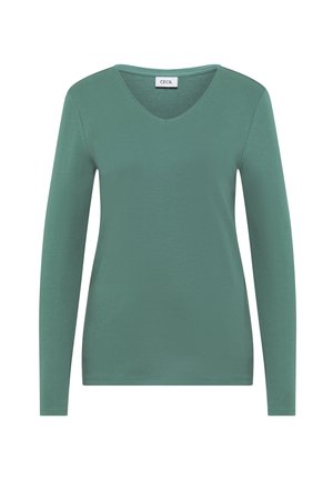 Grön långärmad toppen med v-ringning gjord av mjukt, slätt tyg. Har en enkel design med rak nederkant och inga synliga mönster eller accenter.