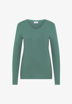 Grünes langärmliges V-Ausschnitt-Oberteil aus weichem, glattem Stoff. Hat ein schlichtes Design mit geradem Saum und keine sichtbaren Muster oder Akzente.