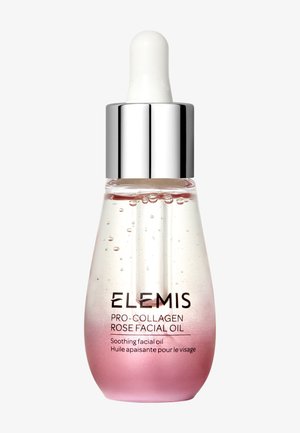 Przezroczysta szklana butelka z zakraplaczem i srebrną nakrętką, zawierająca różowo-przezroczysty gradientowy olejek do twarzy Pro-Collagen Rose marki Elemis z widocznymi pęcherzykami.