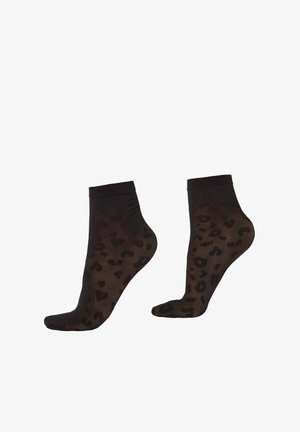 Schwarze Knöchelsocken mit Leopardenmuster in Dunkelbraun, mit glatter Textur und elastischen Bündchen.