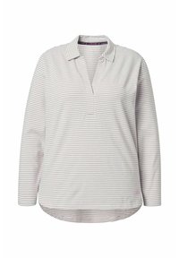 Maglietta a maniche lunghe di un grigio chiaro con sottili righe verticali. Presenta un colletto e un orlo leggermente più lungo sul retro. Tessuto morbido e strutturato.