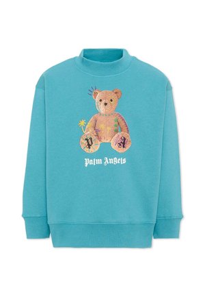 Teal crewneck sweater met een grote geborduurde teddybeer en de tekst "Palm Angels" gecentreerd onder de beer aan de voorkant.