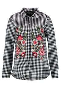 Svart- och vitrutigt knapp-up skjorta med färgglad blomstermönsterbroderi på framsidan, långärmad och med spetskrage.