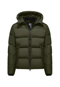 Giubbotto imbottito verde oliva con cappuccio, dotato di zip frontale, due tasche laterali e un design trapuntato per l'isolamento.