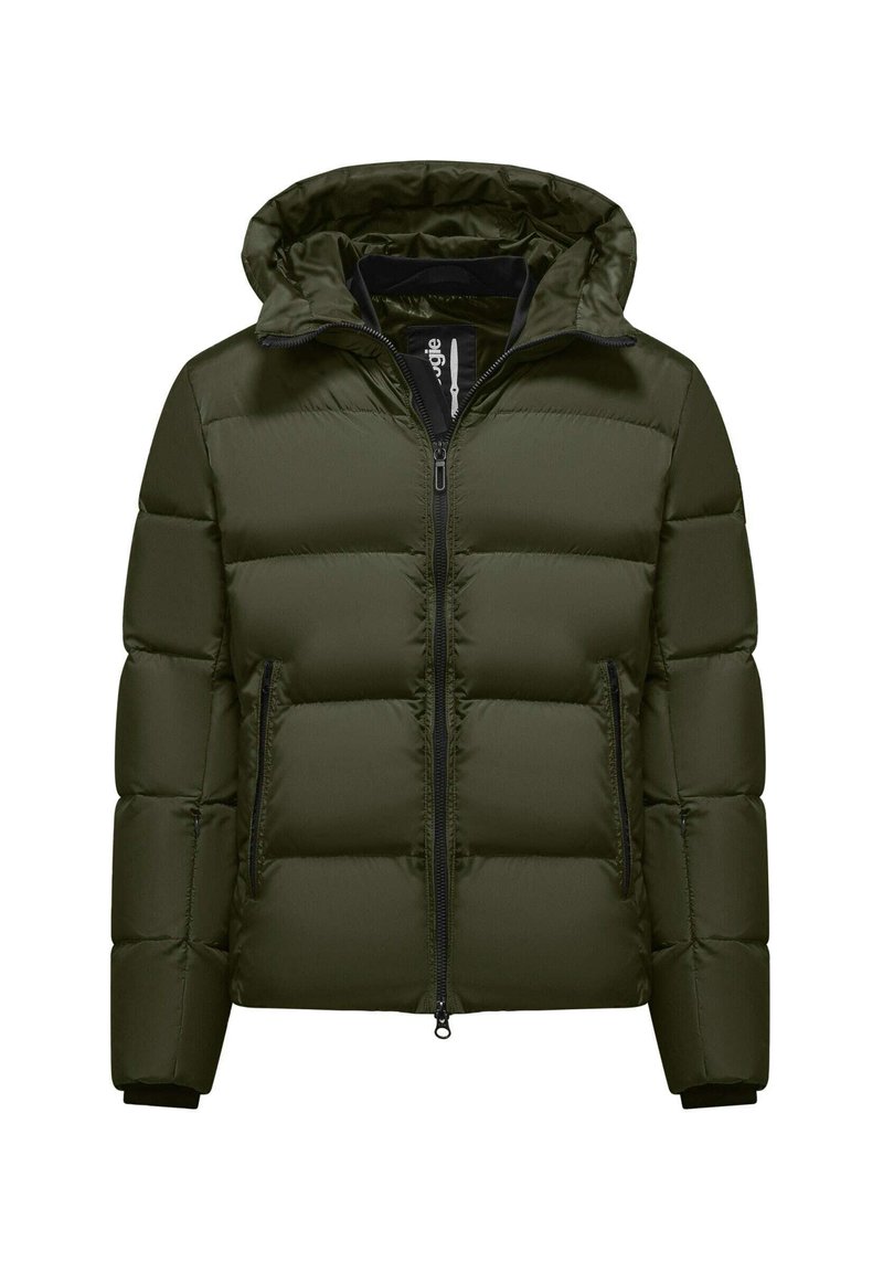 Giubbotto imbottito verde oliva con cappuccio, dotato di zip frontale, due tasche laterali e un design trapuntato per l'isolamento.