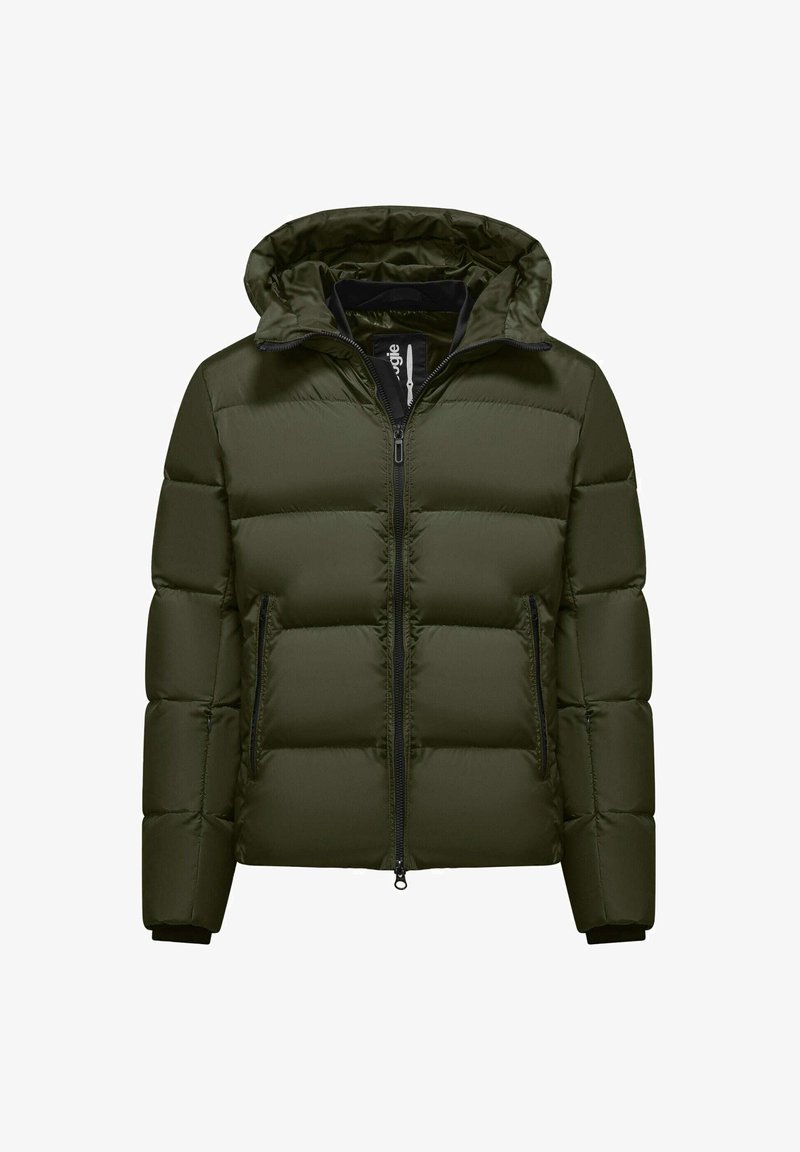 Giubbotto imbottito verde oliva con cappuccio, dotato di zip frontale, due tasche laterali e un design trapuntato per l'isolamento.