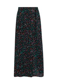 Maxi-Rock aus leichtem Stoff, mit schwarzem Hintergrund und bunten abstrakten Mustern in Grün, Pink, Orange und Weiß.
