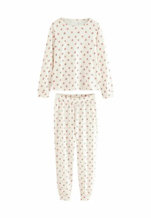 Lahka, dolg rokav pajama set v kremni barvi z majhnim rdečim cvetličnim vzorcem. Zgornji del ima okroglo ovratnico; hlače so elastične in zožene.