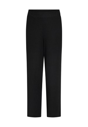 Pantalon noir droit avec taille élastique, tissu texturé et sans poches ou ornements visibles.