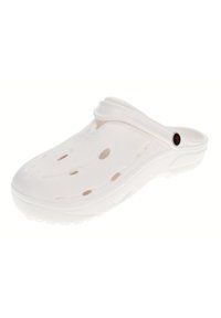 White lightweight clog made of flexible material, featuring air holes and a back strap. Smooth surface and cushioned sole for comfort.