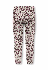 Lædermønster leggings lavet af ribbet stof; har lyserøde og burgunder pletter på en lys beige baggrund; tætsiddende design.