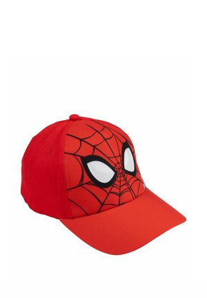 Red baseball cap featuring black web pattern and large white spider eyes on the front, inspired by Spider-Man character design.