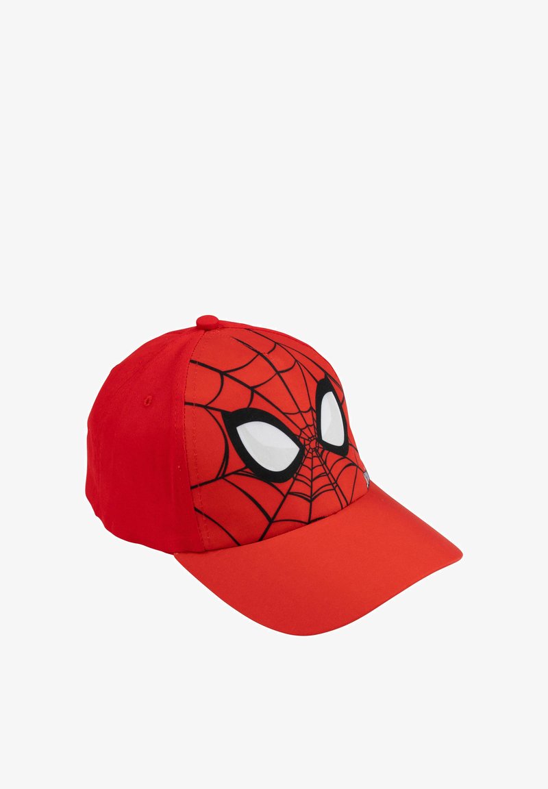 Red baseball cap featuring black web pattern and large white spider eyes on the front, inspired by Spider-Man character design.