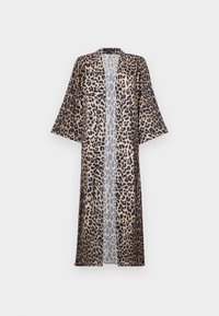 Kimono con stampa leopardata, dal fit rilassato, caratterizzato da maniche corte, un'apertura davanti e una texture setosa. La palette di colori include nero, marrone e beige.