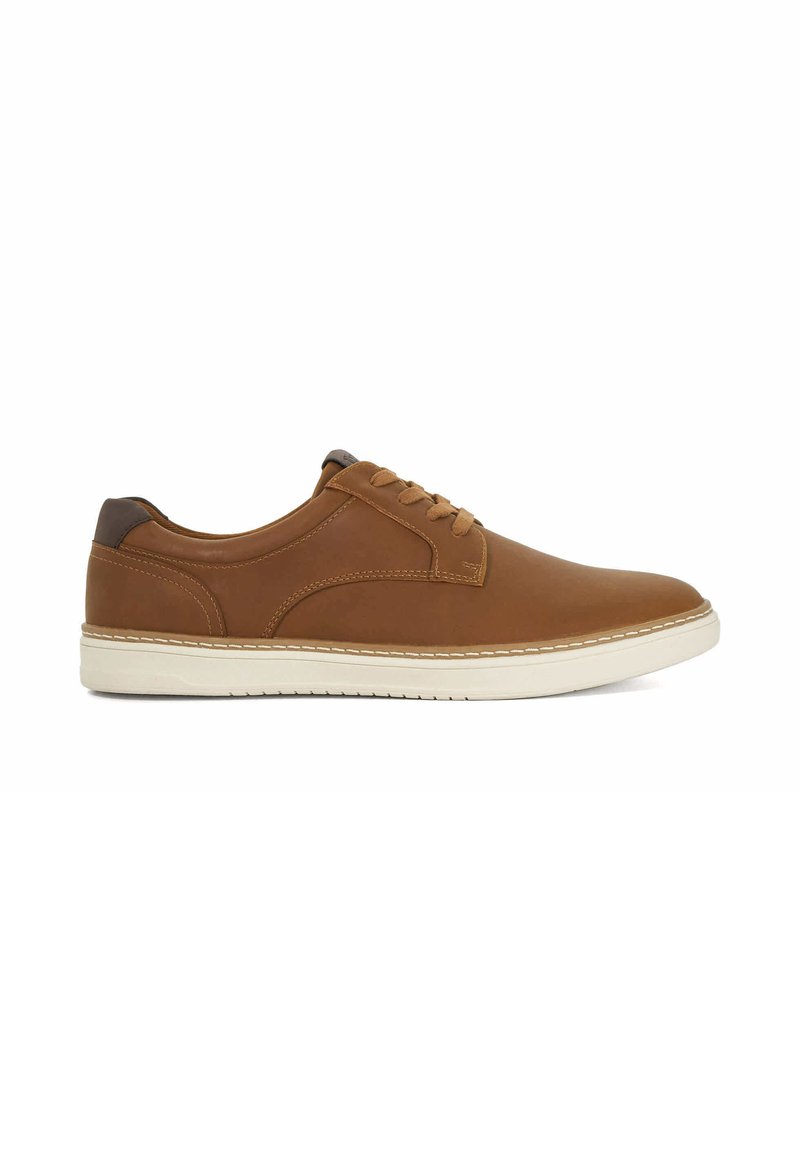 Brown leather sneaker with rounded toe, lace-up design, and white rubber sole. Features a contrasting brown heel and stitched detailing.