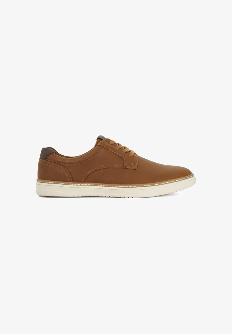Brown leather sneaker with rounded toe, lace-up design, and white rubber sole. Features a contrasting brown heel and stitched detailing.