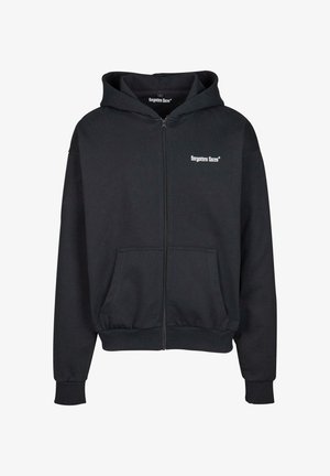 Black zip-up hoodie made of soft material, featuring a large pocket, a hood, and a small white logo on the left chest area.