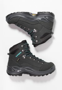 Zwarte wandelschoenen met een gestructureerde leren en stoffen bovenkant, turquoise veters, metalen ogen en een robuuste rubberen zool. GORE-TEX voering.