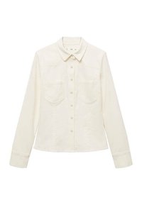 Hvid button-up skjorte lavet af letvægtsstof, med lange ærmer, krave, to brystlommer og perle-lignende knapper.