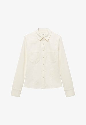 Cămașă albă cu nasturi, fabricată dintr-un material ușor, având mâneci lungi, guler, două buzunare la piept și nasturi asemănători la perle.