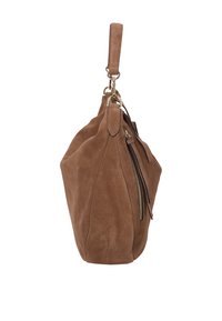 Braune Wildledertasche mit runder Form, ausgestattet mit einem einzelnen Schulterriemen und einer seitlichen Reißverschlusstasche. Weiche Textur mit goldfarbenen Hardware-Elementen.