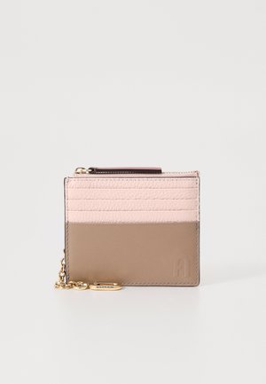 Leather wallet featuring a three-tone design in light pink, dark pink, and taupe. Includes a chain and a logo embossed on the side.