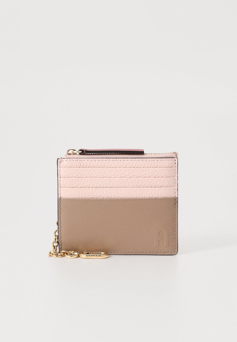 Leather wallet featuring a three-tone design in light pink, dark pink, and taupe. Includes a chain and a logo embossed on the side.