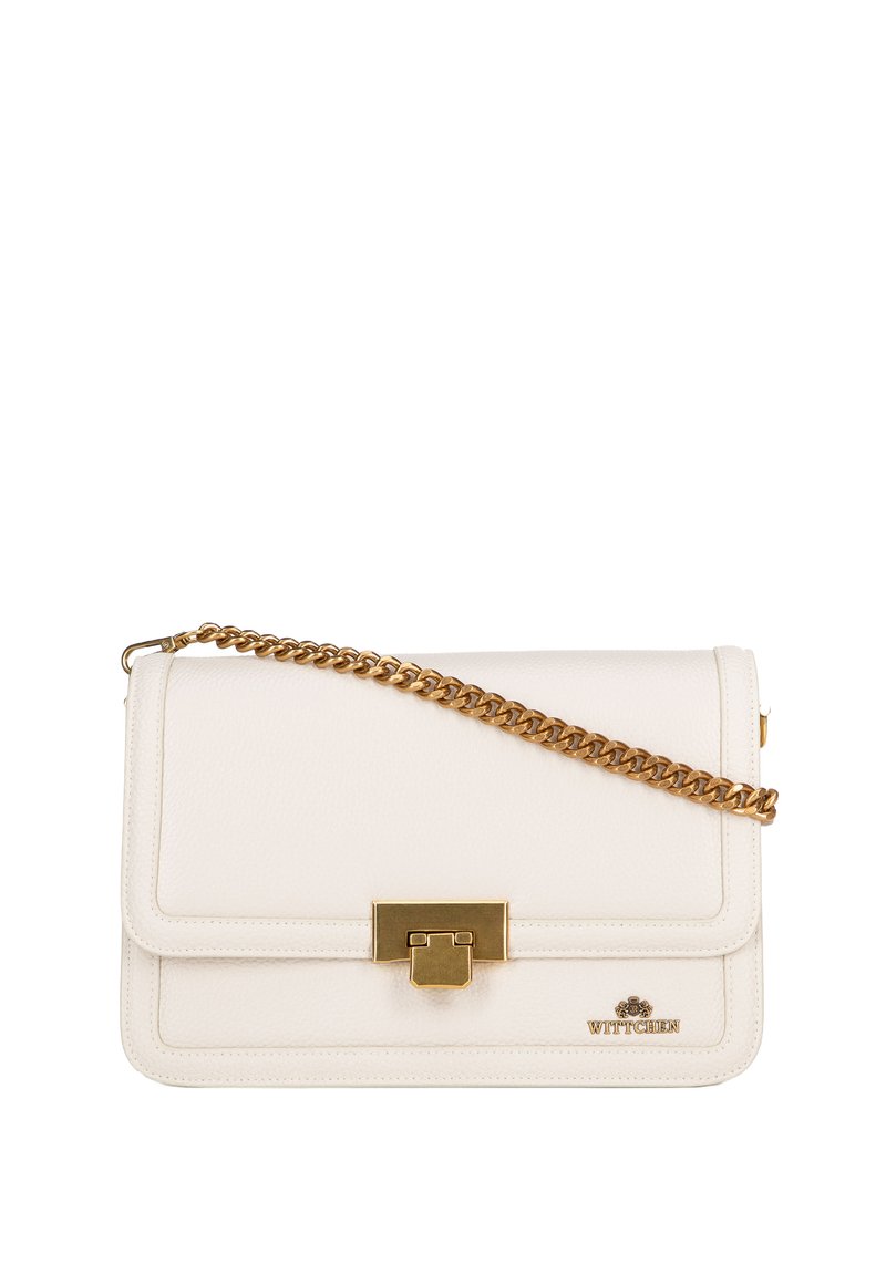 Borsa a mano in pelle bianca con tracolla a catena dorata, forma rettangolare e chiusura magnetica. Presenta un logo del marchio in modo discreto sulla parte anteriore.