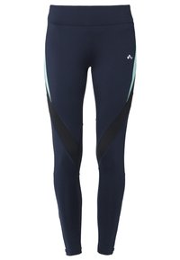 Leggings de sport bleu marine avec des panneaux latéraux bleu clair, des accents diagonaux noirs sur les cuisses et un petit logo blanc sur la partie supérieure de la hanche gauche.