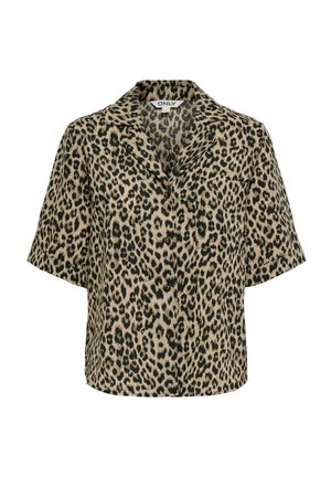 Chemise à manches courtes avec motif léopard et poche poitrine, col classique, étiquette de marque "ONLY" au niveau du cou.