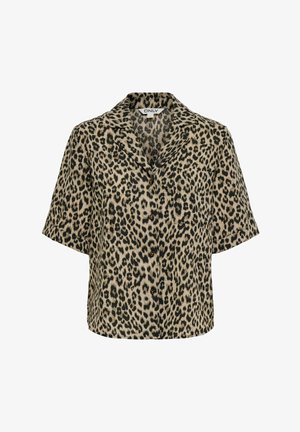 Cămașă cu mâneci scurte, cu nasturi, cu imprimeu leopard și buzunar la piept, cu guler, etichetă de brand "ONLY" la gât.