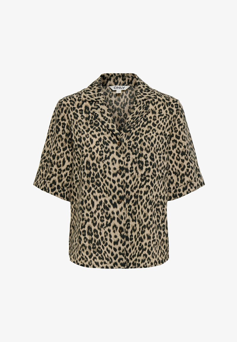 Koszula na krótki rękaw z zapięciem na guziki, wzorem w panterkę i kieszenią na piersi, kołnierzyk, metka z marką "ONLY" przy szyi.